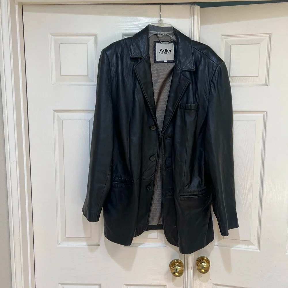 Adler Authentic NZ Lambskin Leather Jacket Black Lined  Button Coat Mens Size 44